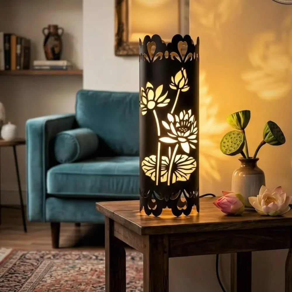 Untitled (1000 x 1000 px) Heritage Water Lily Metal Cylinder Lamp